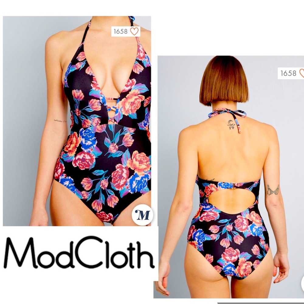 Vintage Floral One-Piece Swimsuit Halter Tie